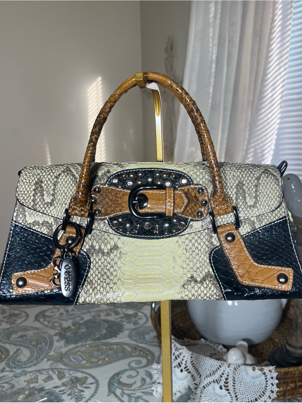 Vintage Y2K Guess Western Faux Snake-Embossed Satchel in Brown, Black & Cream
